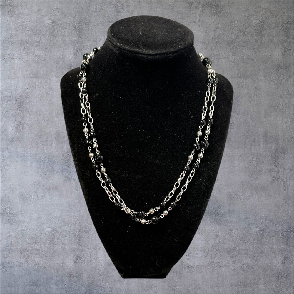 36" Black Beaded Necklace Station Long Chain Elegant Minimalist Silver Tone